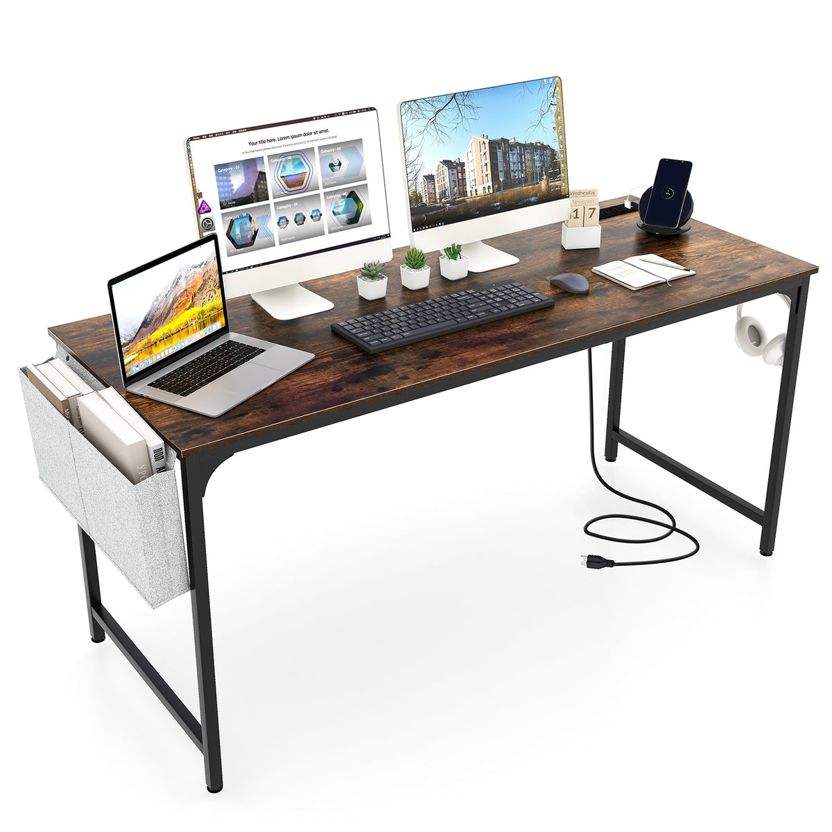 60 Inch Computer Desk With Charging Station, Rustic Brown Computer Desks at Gallery Canada