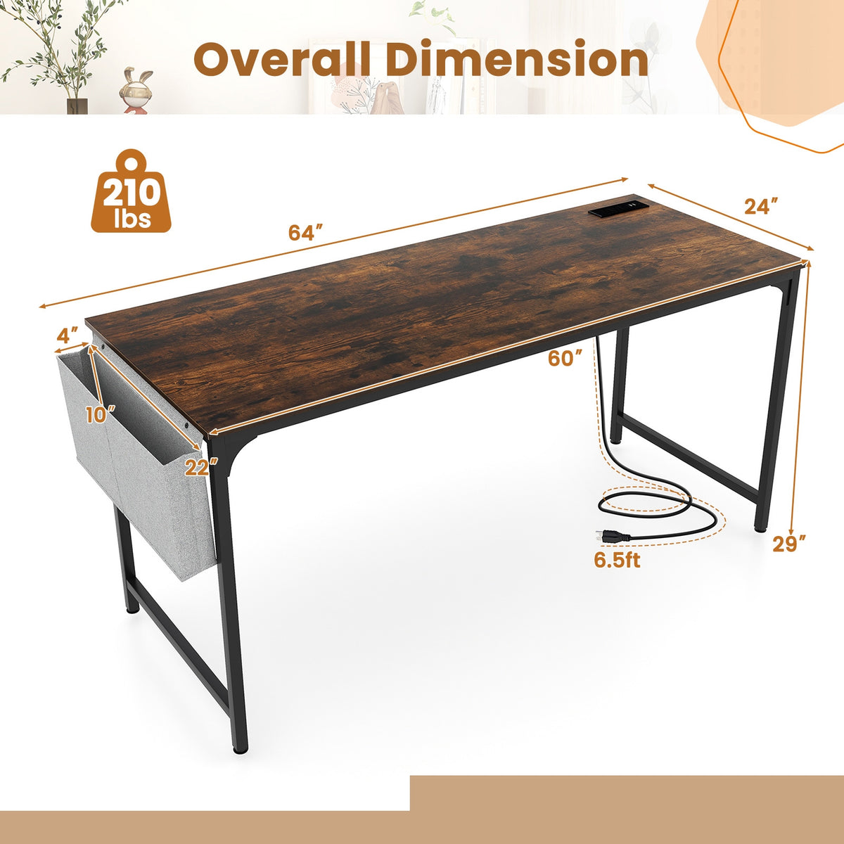 60 Inch Computer Desk With Charging Station, Rustic Brown Computer Desks at Gallery Canada