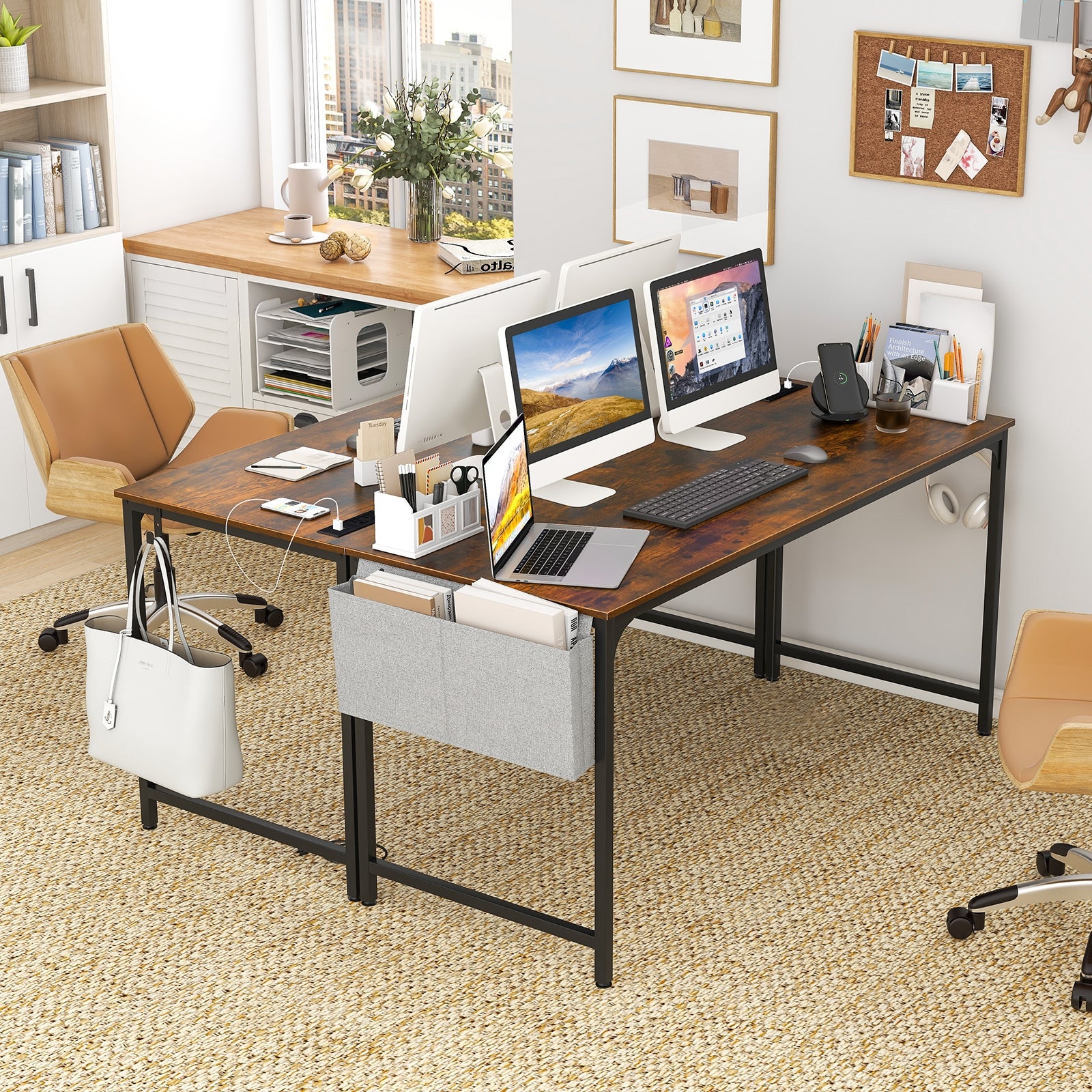 60 Inch Computer Desk With Charging Station, Rustic Brown Computer Desks at Gallery Canada