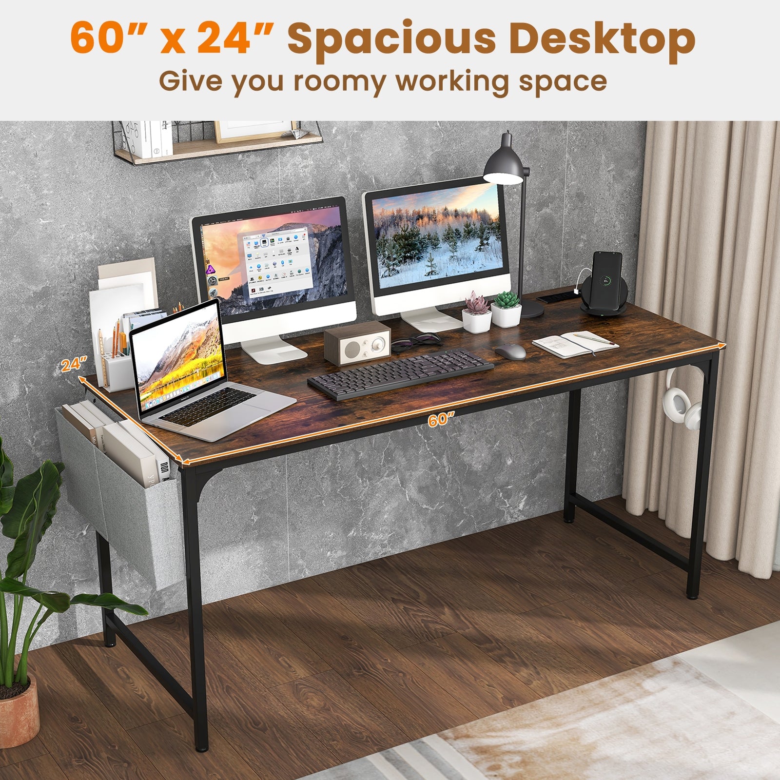 60 Inch Computer Desk With Charging Station, Rustic Brown Computer Desks at Gallery Canada