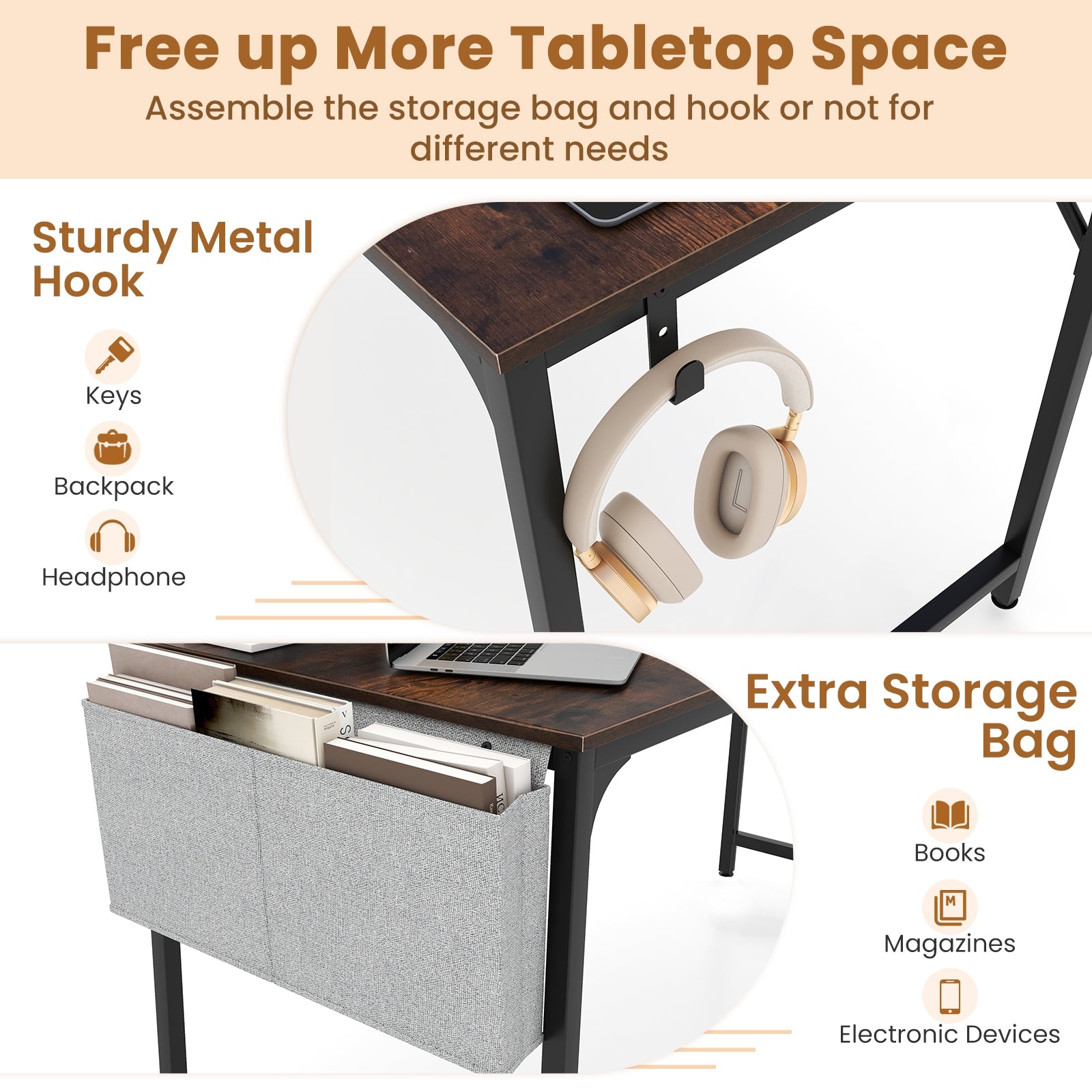60 Inch Computer Desk With Charging Station, Rustic Brown Computer Desks at Gallery Canada