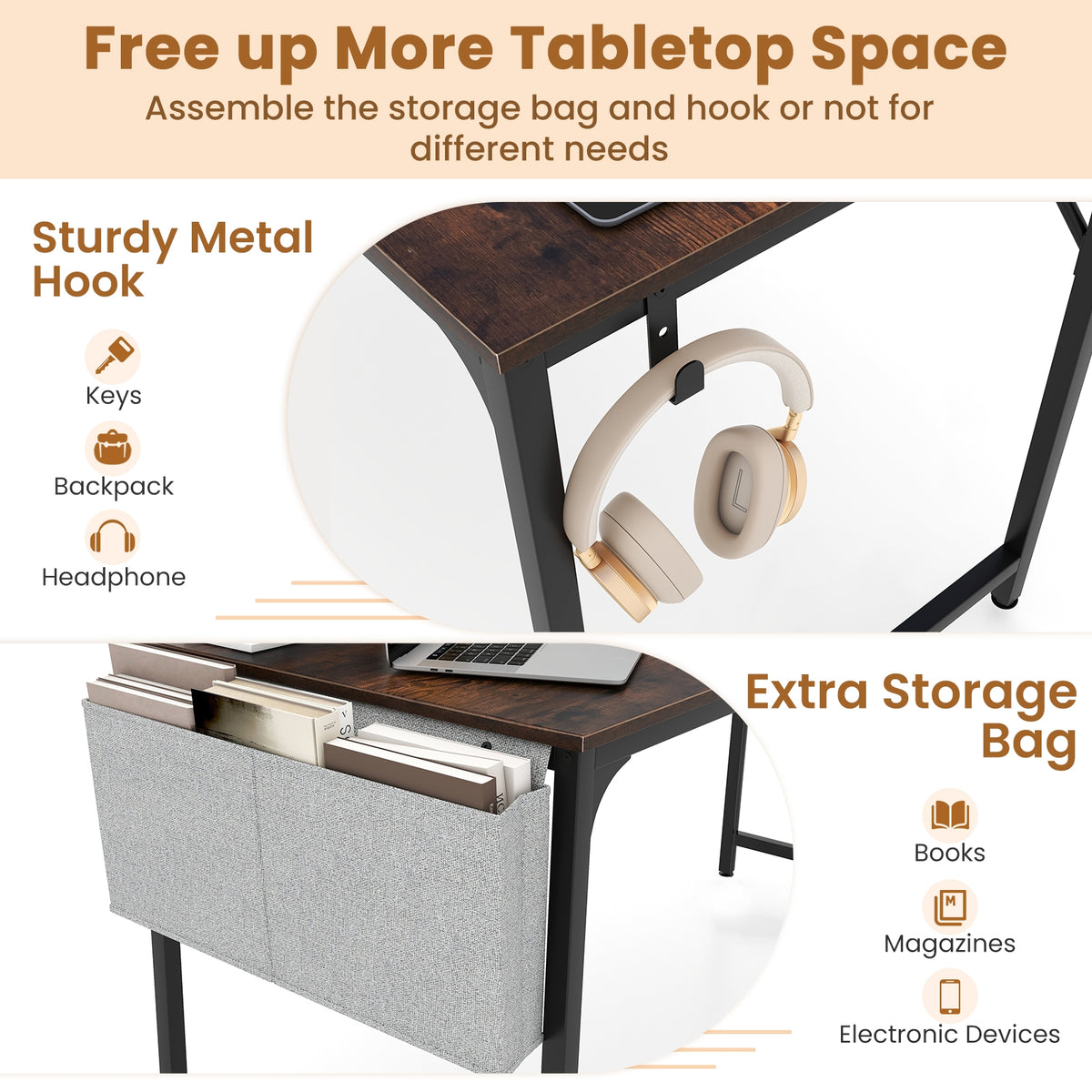 60 Inch Computer Desk With Charging Station, Rustic Brown Computer Desks at Gallery Canada