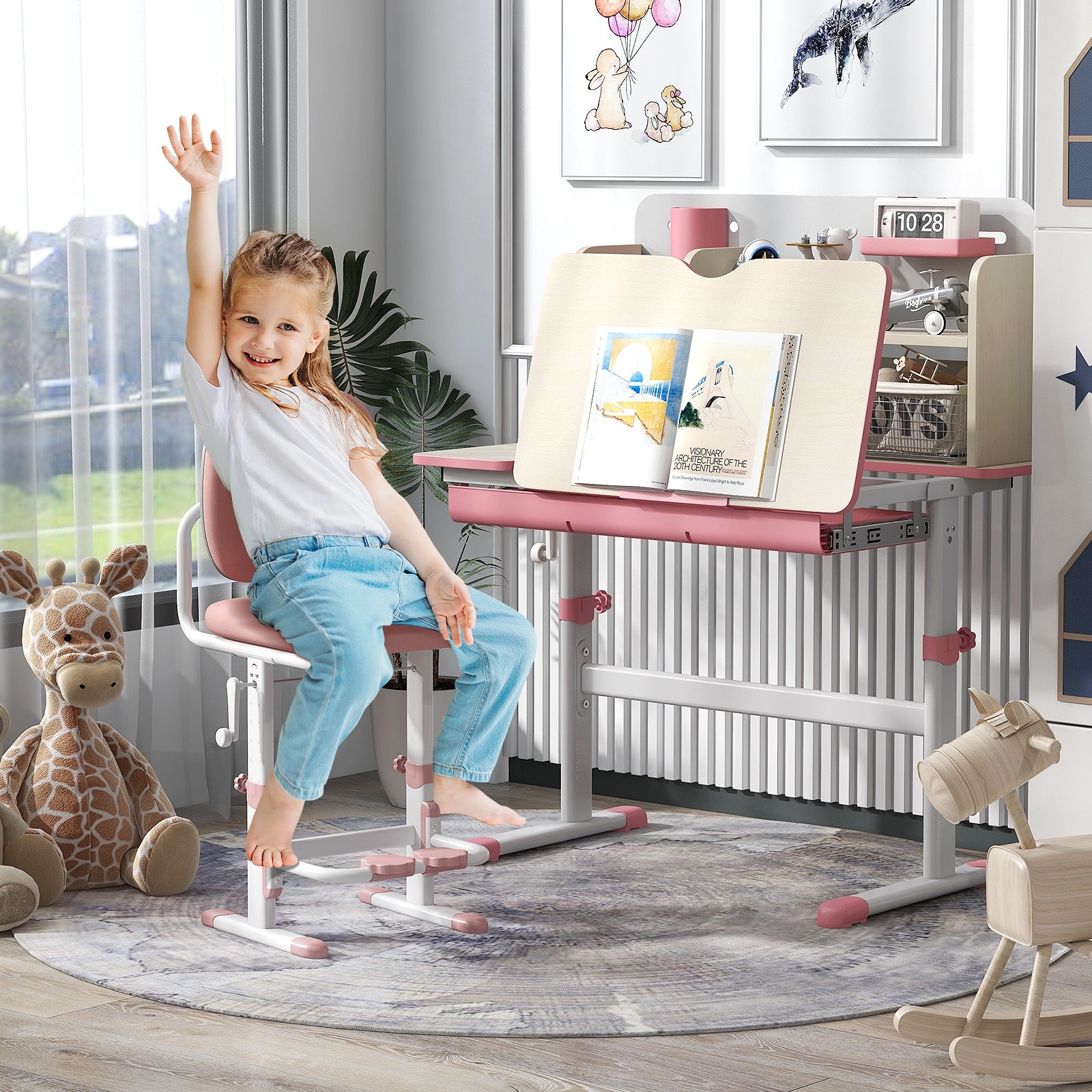 Kids Study Desk, Height Adjustable With Tilt Desktop, Pink Kids Table & Chair Sets at Gallery Canada