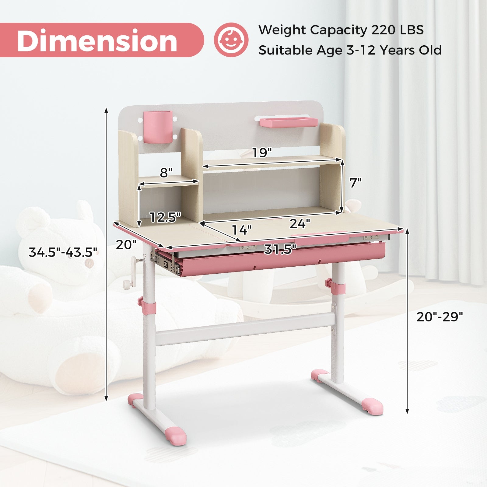 Kids Study Desk, Height Adjustable With Tilt Desktop, Pink Kids Table & Chair Sets at Gallery Canada