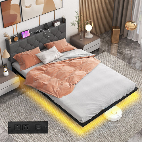 Full Queen Size Floating Bed Frame, LED Headboard, Charging Station, Gray
