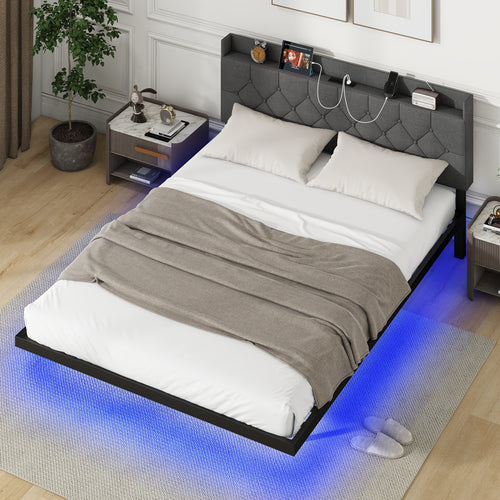 Floating Bed Frame With LED, Headboard, Charging Station, Queen Size, Gray
