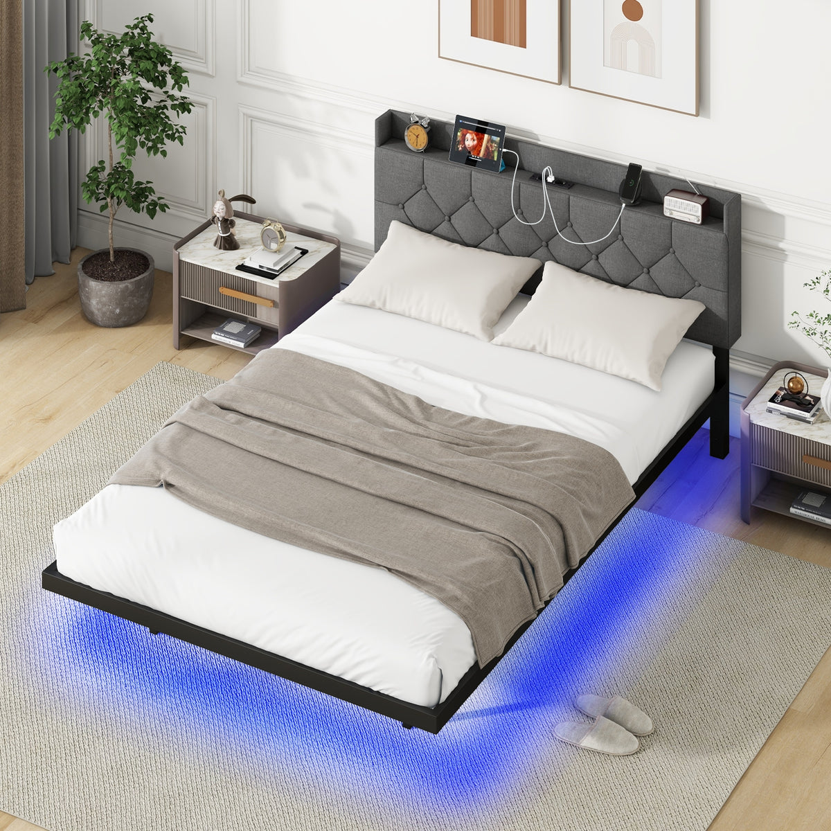 Full Queen Size Floating Bed Frame, LED Headboard, Charging Station, Gray Simple Bed Frame at Gallery Canada