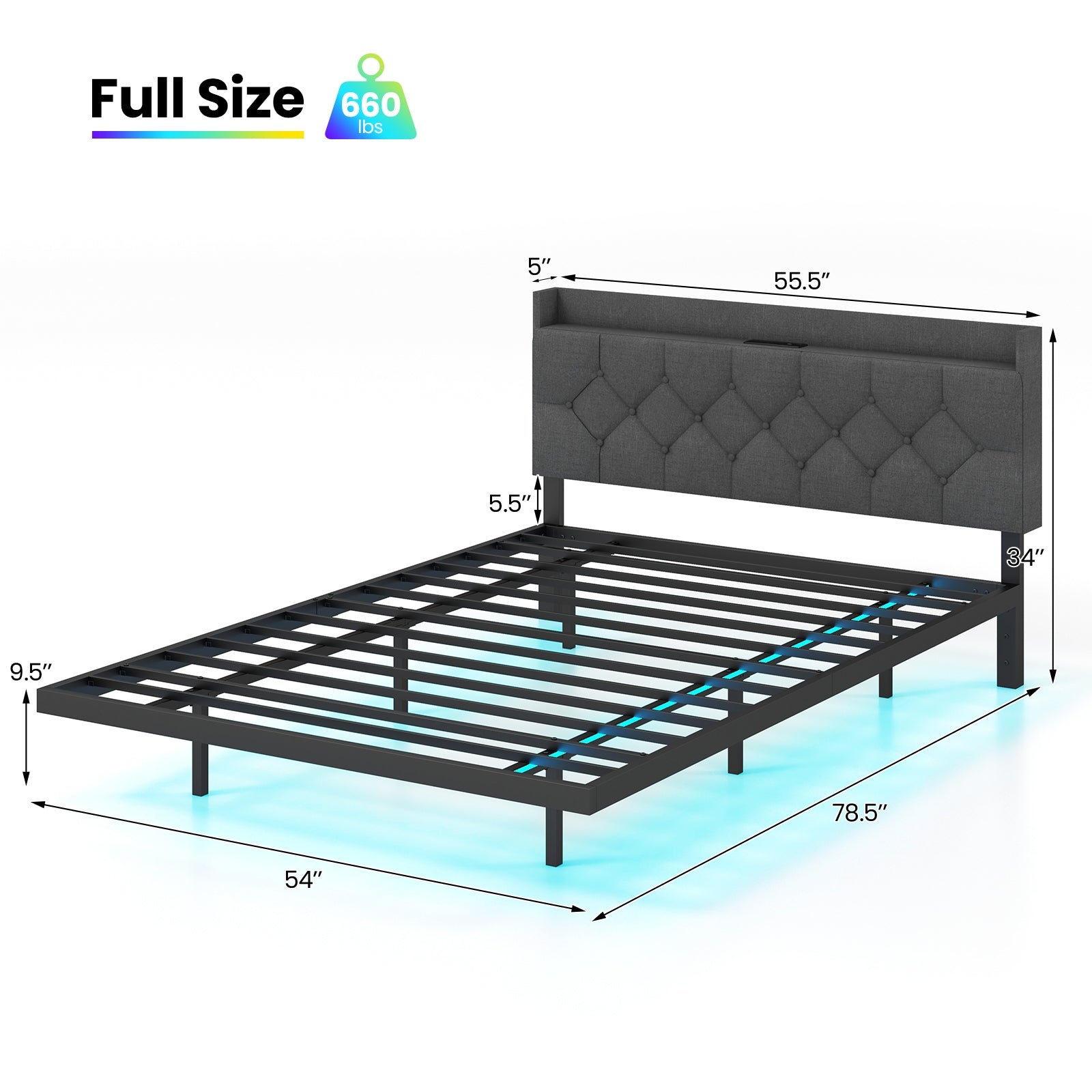 Full Queen Size Floating Bed Frame, LED Headboard, Charging Station, Gray Simple Bed Frame at Gallery Canada