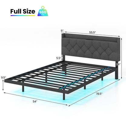 Full Queen Size Floating Bed Frame, LED Headboard, Charging Station, Gray Simple Bed Frame at Gallery Canada