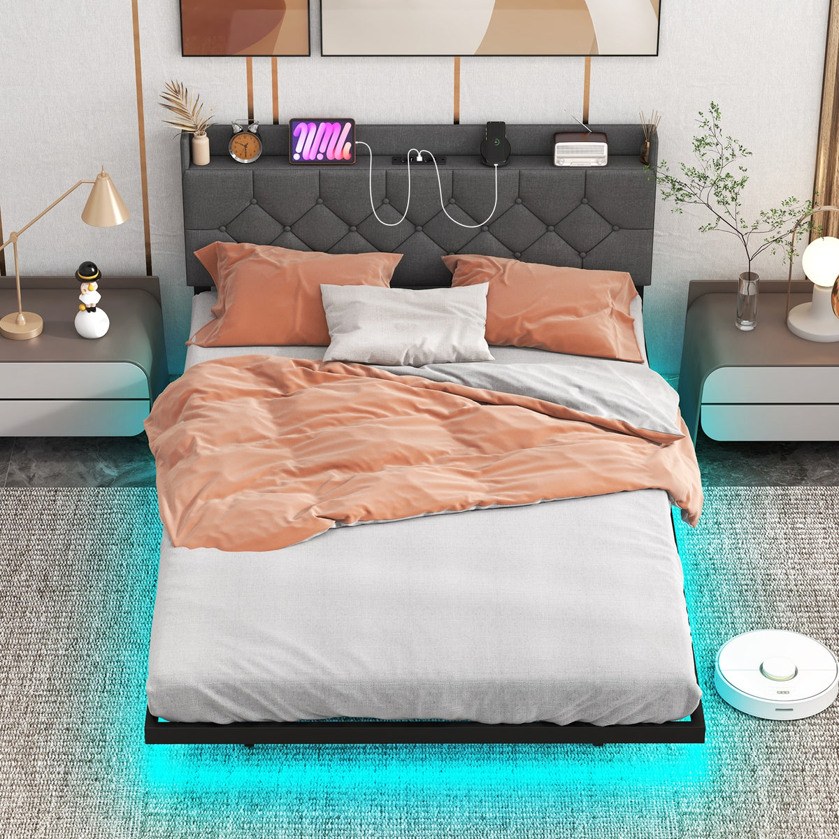Full Queen Size Floating Bed Frame, LED Headboard, Charging Station, Gray Simple Bed Frame at Gallery Canada