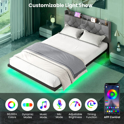 Full Queen Size Floating Bed Frame, LED Headboard, Charging Station, Gray Simple Bed Frame at Gallery Canada
