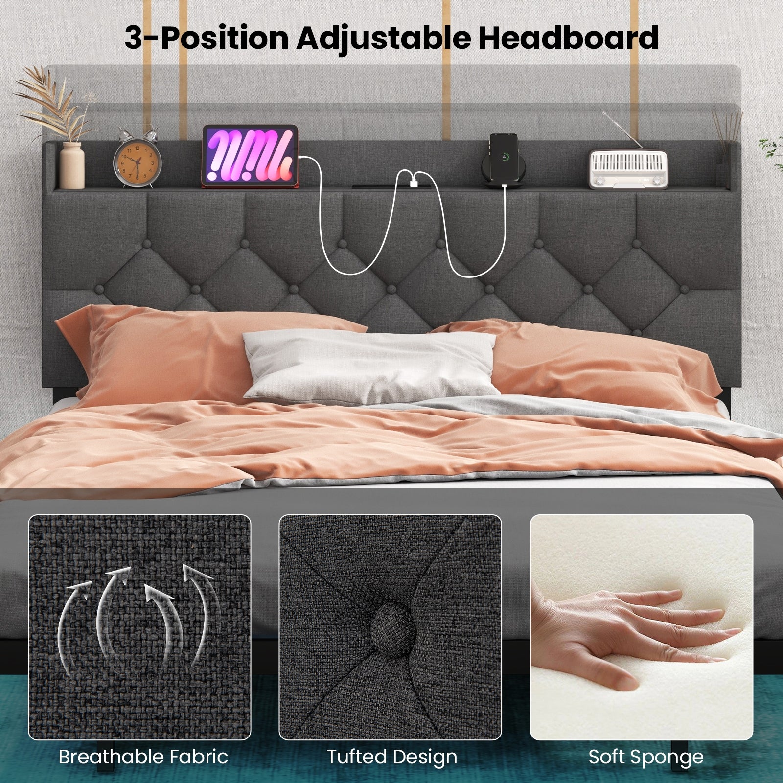 Full Queen Size Floating Bed Frame, LED Headboard, Charging Station, Gray Simple Bed Frame at Gallery Canada