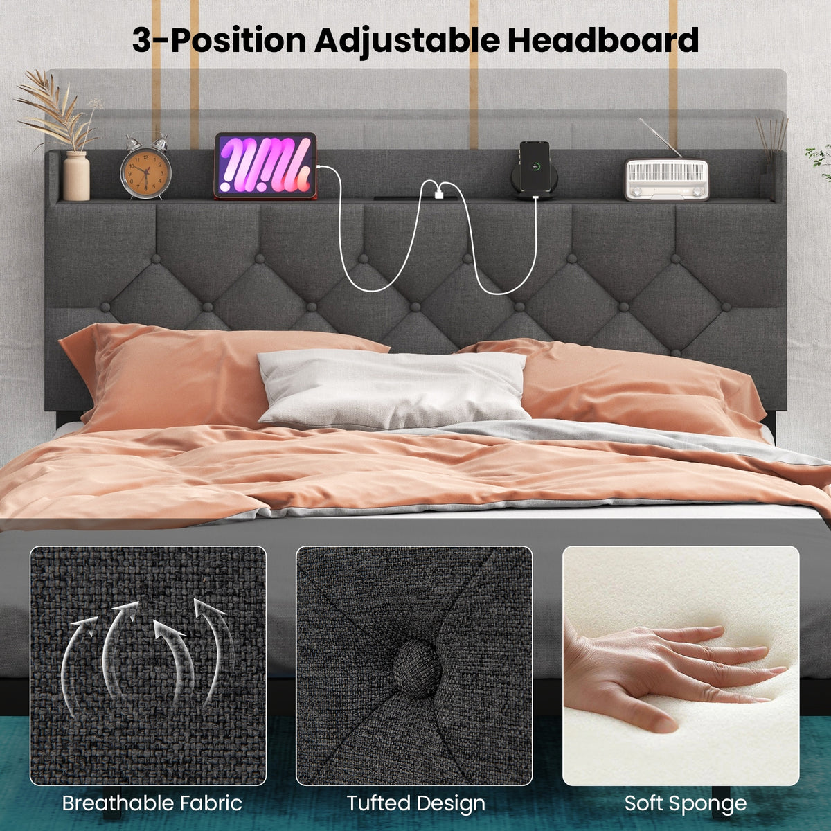 Full Queen Size Floating Bed Frame, LED Headboard, Charging Station, Gray Simple Bed Frame at Gallery Canada