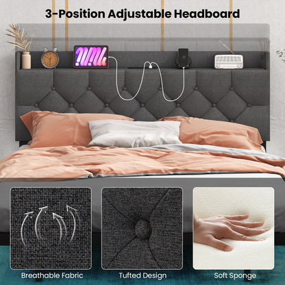 Full Queen Size Floating Bed Frame, LED Headboard, Charging Station, Gray Simple Bed Frame at Gallery Canada