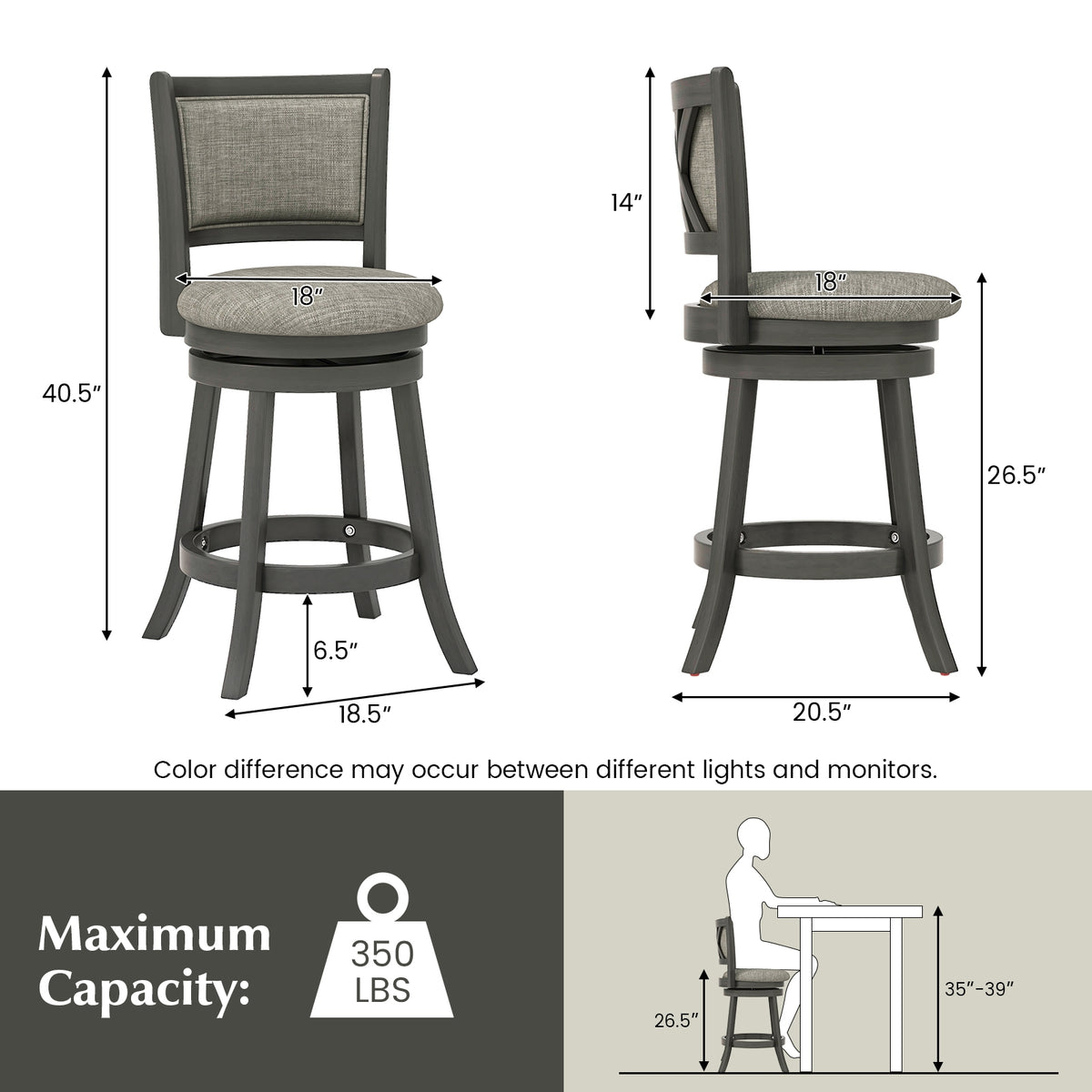 Swivel Bar Stools Set Of 2, Soft-Padded Back And Seat, S, Gray Bar Stools at Gallery Canada