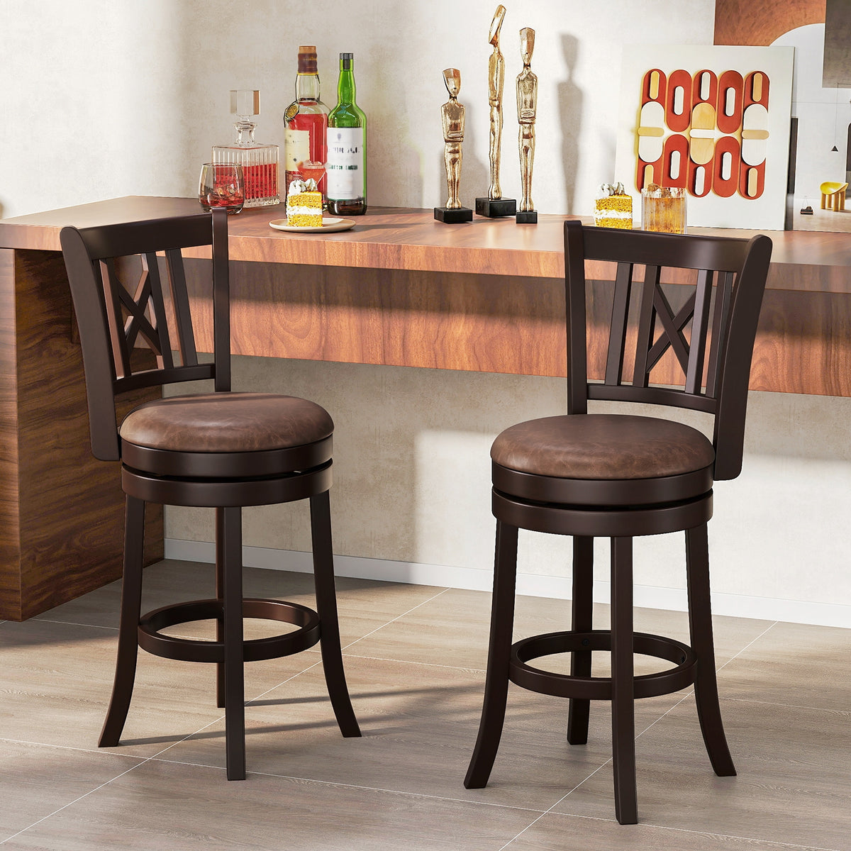 Set Of 2 Swivel Bar Stools, 26 Inches, With Footrest And Hollowed Backrest Bar Stools at Gallery Canada