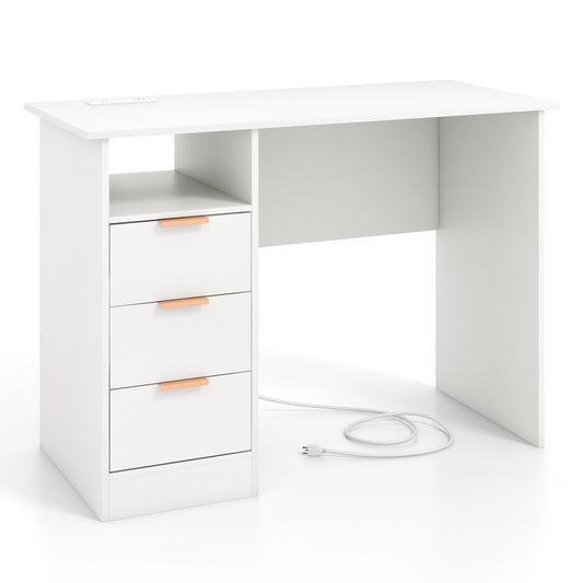 Home Office Desk With Power Outlet, 3 Drawers, White Computer Desks White at Gallery Canada