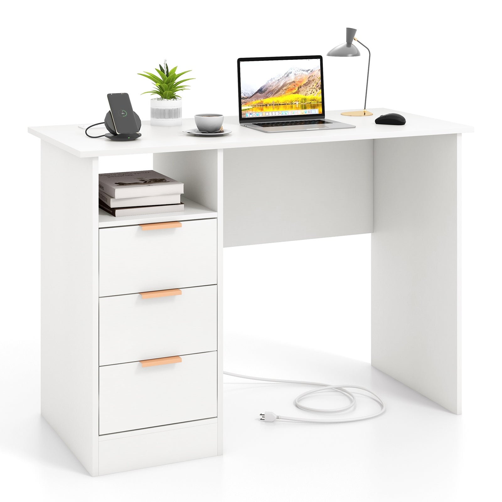 Home Office Desk With Power Outlet, 3 Drawers, White Computer Desks at Gallery Canada