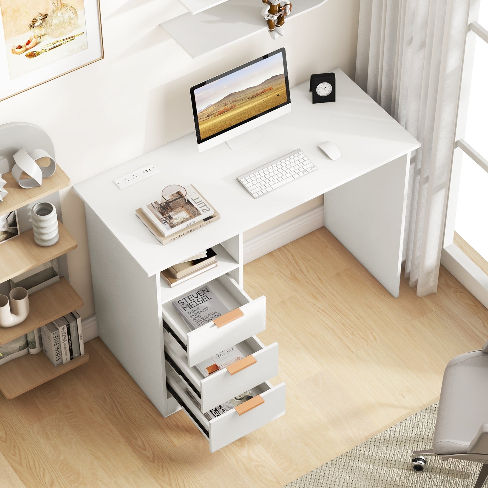 Home Office Desk With Power Outlet, 3 Drawers, White Computer Desks at Gallery Canada