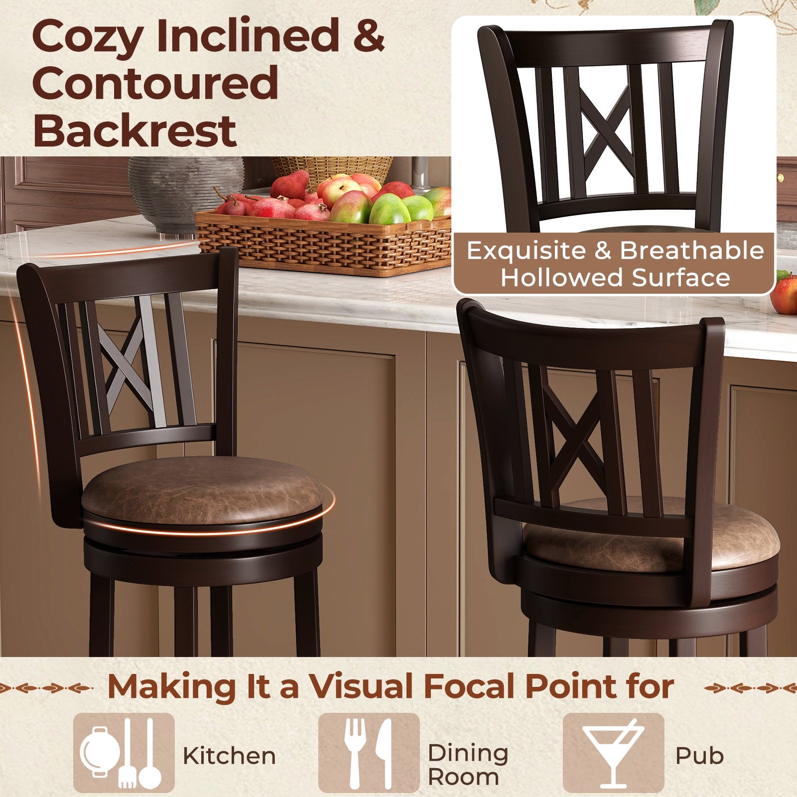 Set Of 2 Swivel Bar Stools, 26 Inches, With Footrest And Hollowed Backrest Bar Stools at Gallery Canada