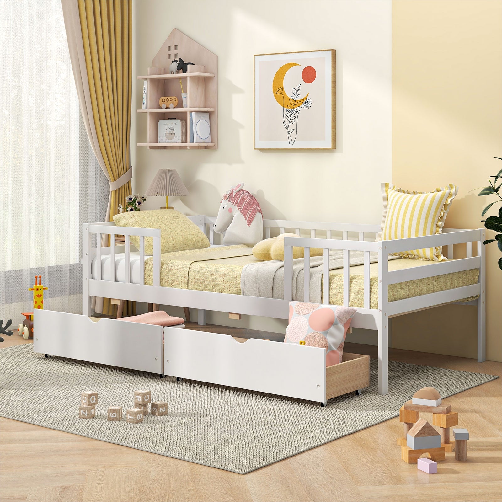 Twin Daybed With Fence And 2 Drawers, White Trundle Bed Frame at Gallery Canada