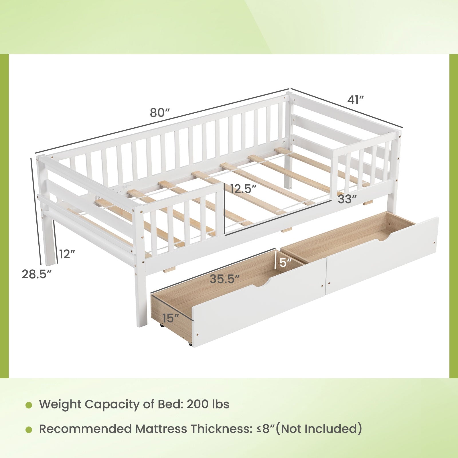 Twin Daybed With Fence And 2 Drawers, White Trundle Bed Frame at Gallery Canada
