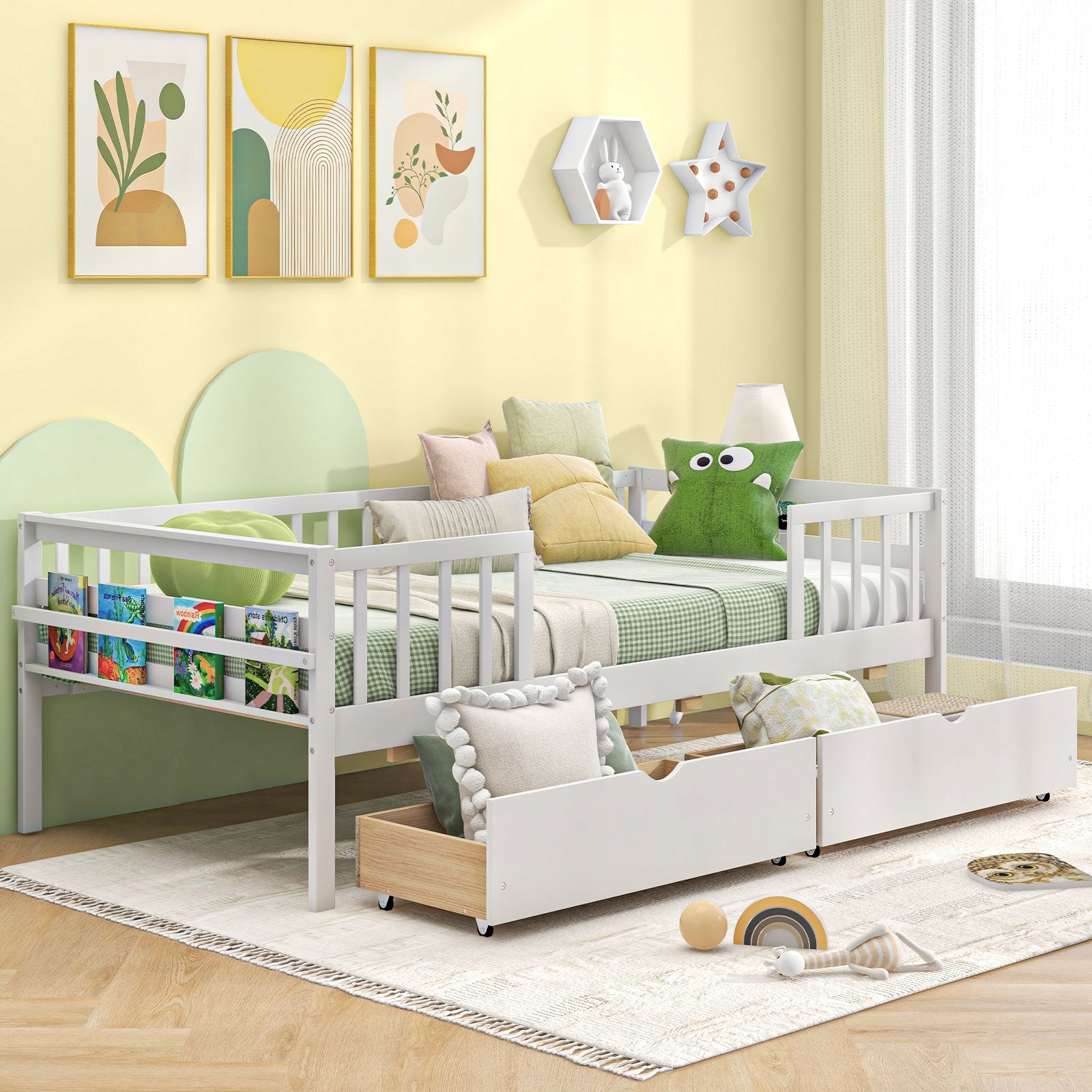 Twin Daybed With Fence And 2 Drawers, White Trundle Bed Frame at Gallery Canada