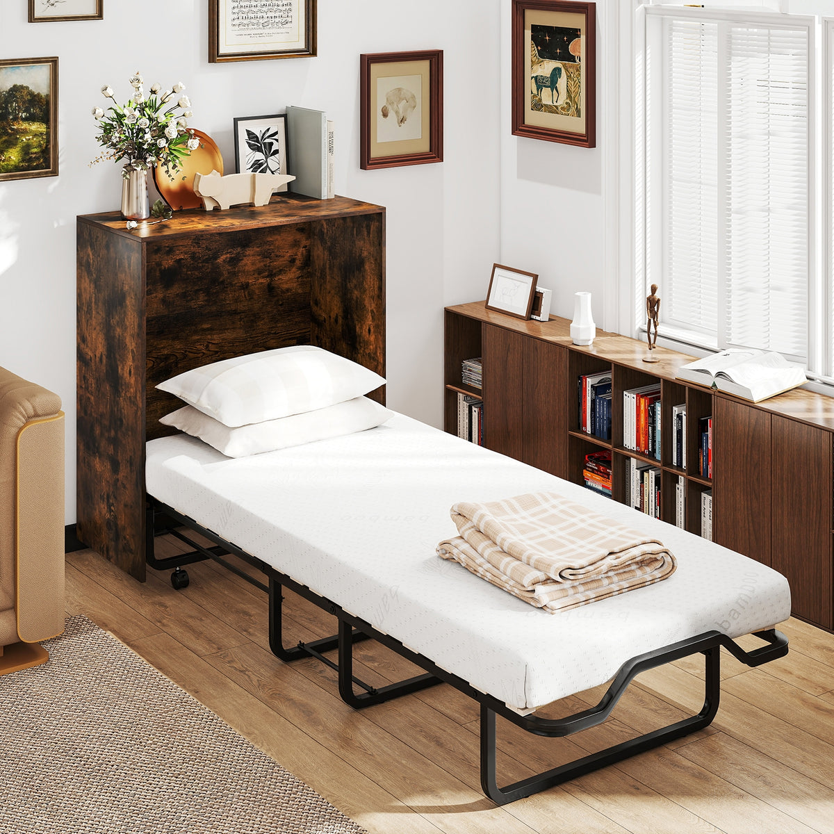 Cot Size Murphy Bed, Foldable, Lockable Wheels, Rustic Brown Folding Beds at Gallery Canada