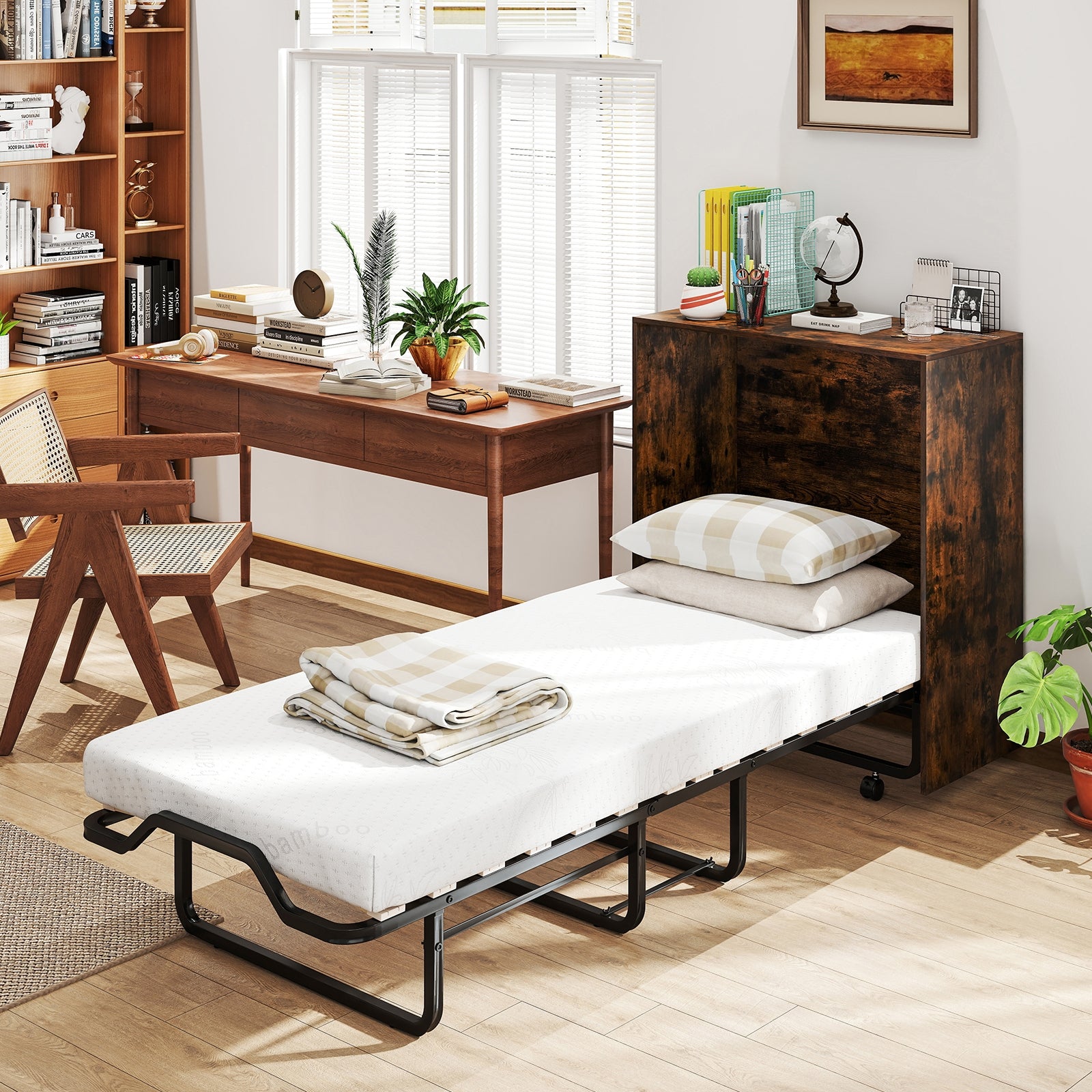 Cot Size Murphy Bed, Foldable, Lockable Wheels, Rustic Brown Folding Beds at Gallery Canada