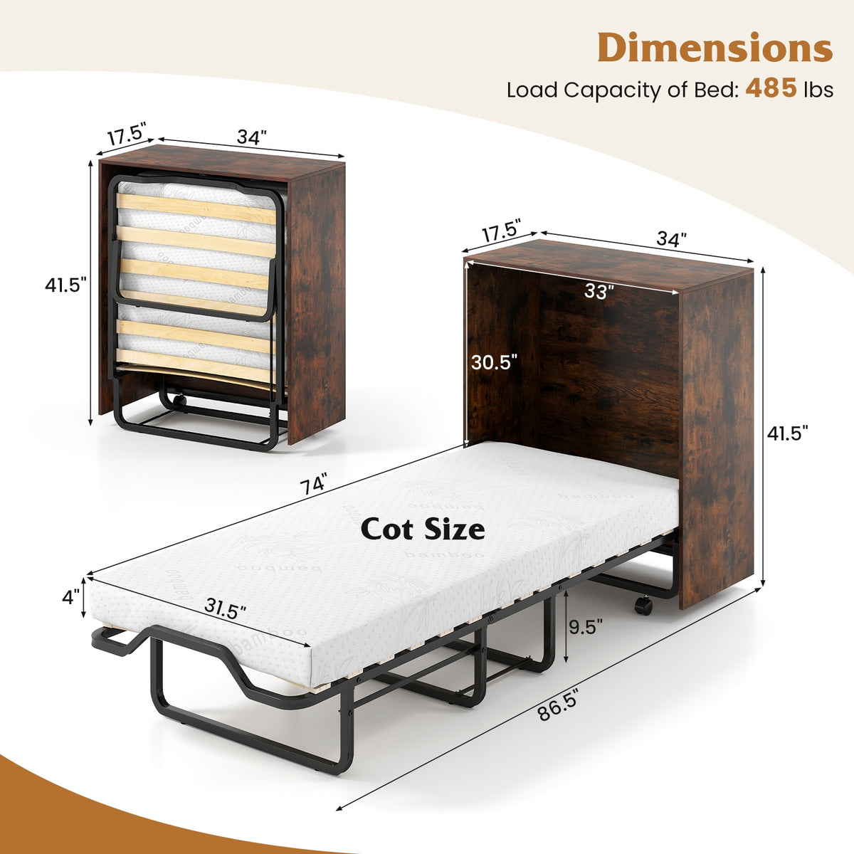 Cot Size Murphy Bed, Foldable, Lockable Wheels, Rustic Brown Folding Beds at Gallery Canada