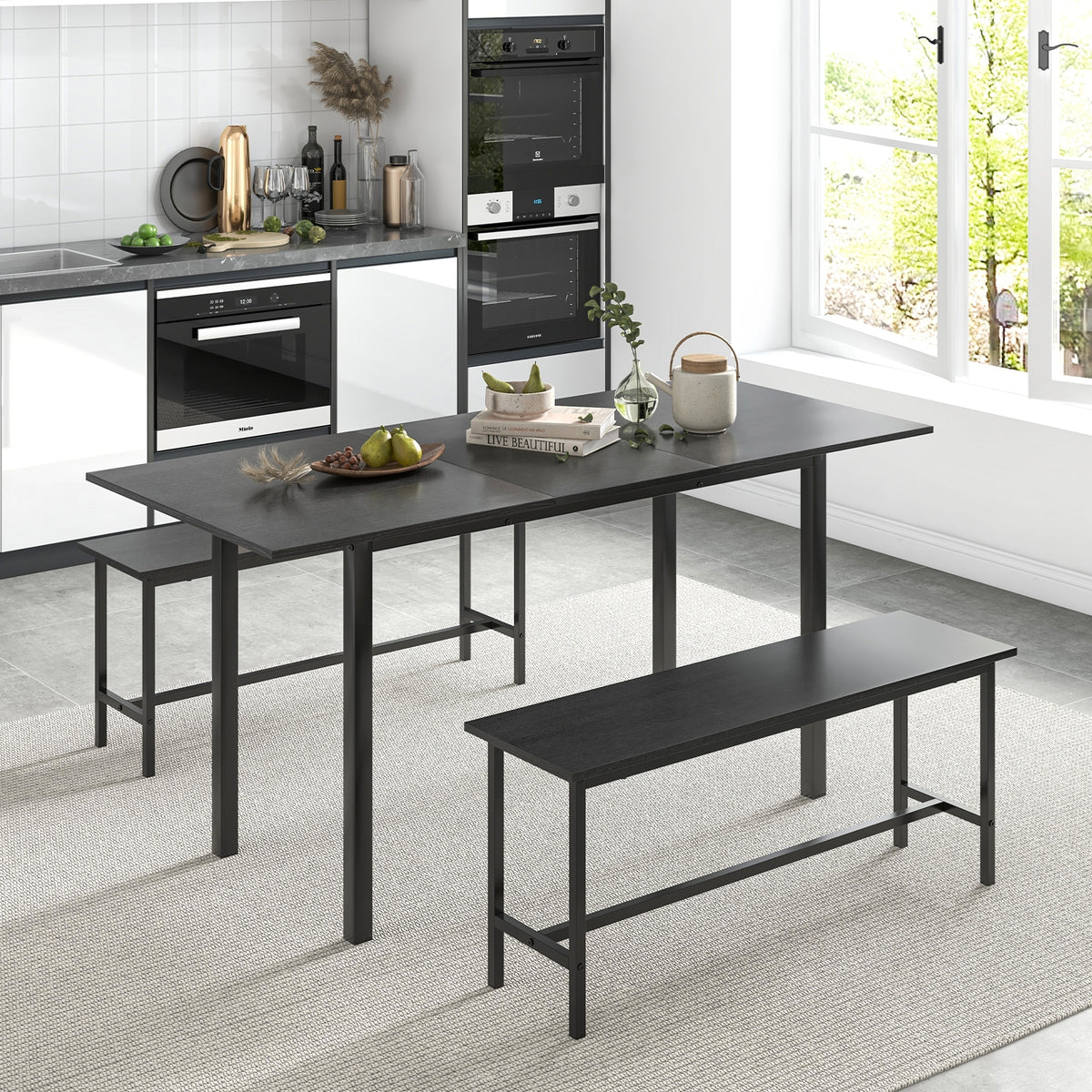 3 Piece Dining Table Set For 4-6, 2 Benches, Black Dining Room Sets at Gallery Canada