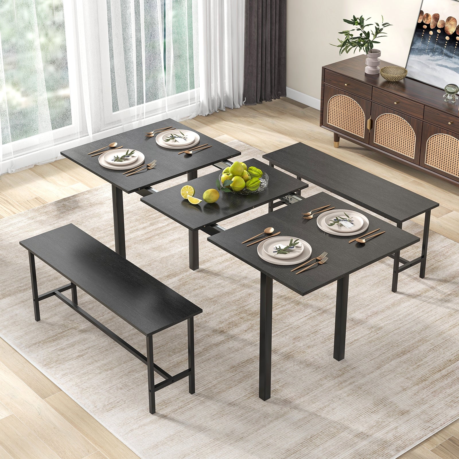 3 Piece Dining Table Set For 4-6, 2 Benches, Black Dining Room Sets at Gallery Canada