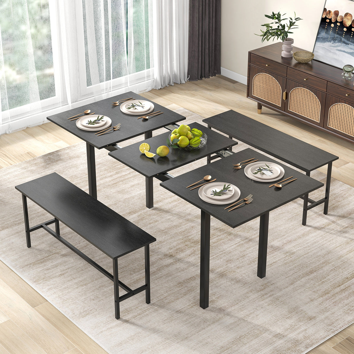 3 Piece Dining Table Set For 4-6, 2 Benches, Black Dining Room Sets at Gallery Canada