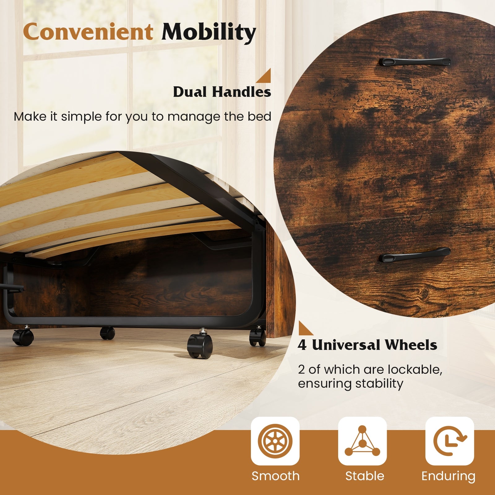 Cot Size Murphy Bed, Foldable, Lockable Wheels, Rustic Brown Folding Beds at Gallery Canada