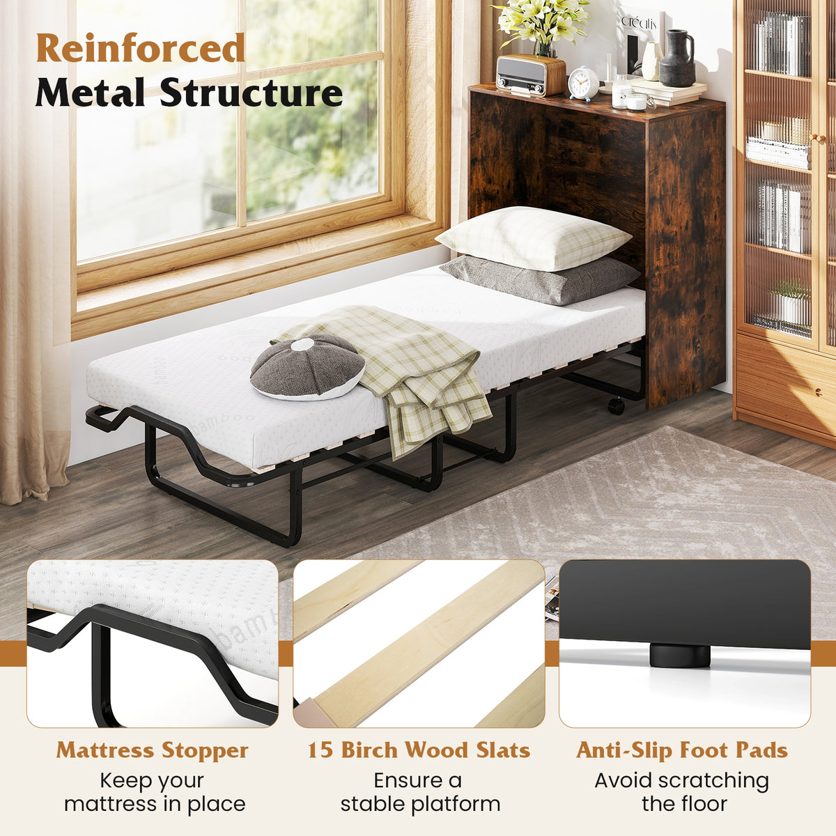 Cot Size Murphy Bed, Foldable, Lockable Wheels, Rustic Brown Folding Beds at Gallery Canada