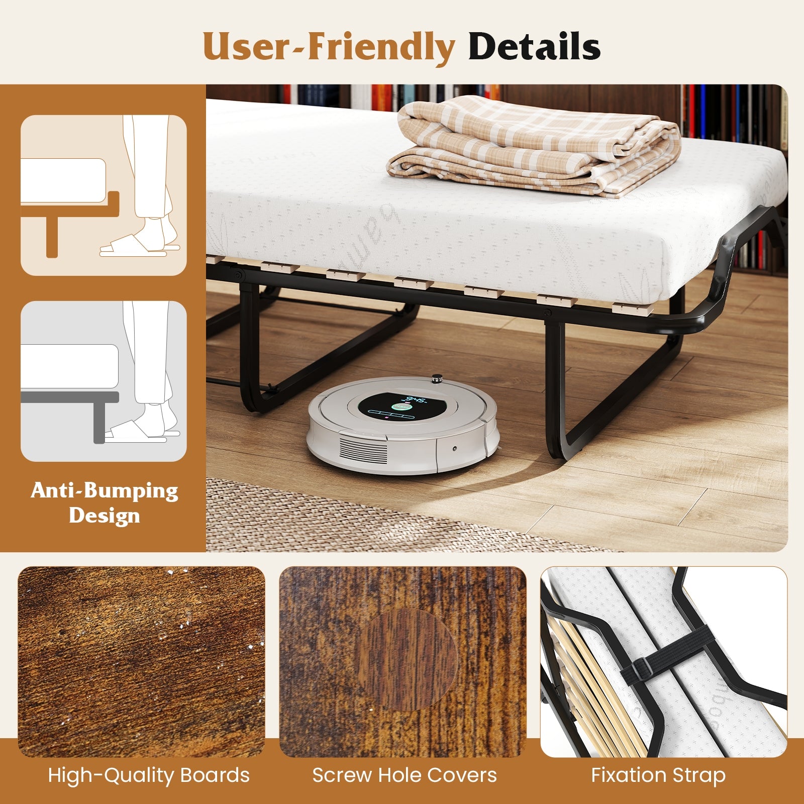 Cot Size Murphy Bed, Foldable, Lockable Wheels, Rustic Brown Folding Beds at Gallery Canada