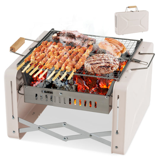 Folding Charcoal BBQ Grill with Dishwasher-safe Grill Grids and Charcoal Box, Beige Outdoor Grills Beige at Gallery Canada