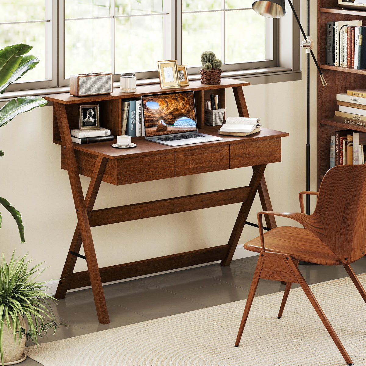 Mid Century Office Desk With 3 Drawers, Monitor Stand, Brown Computer Desks at Gallery Canada