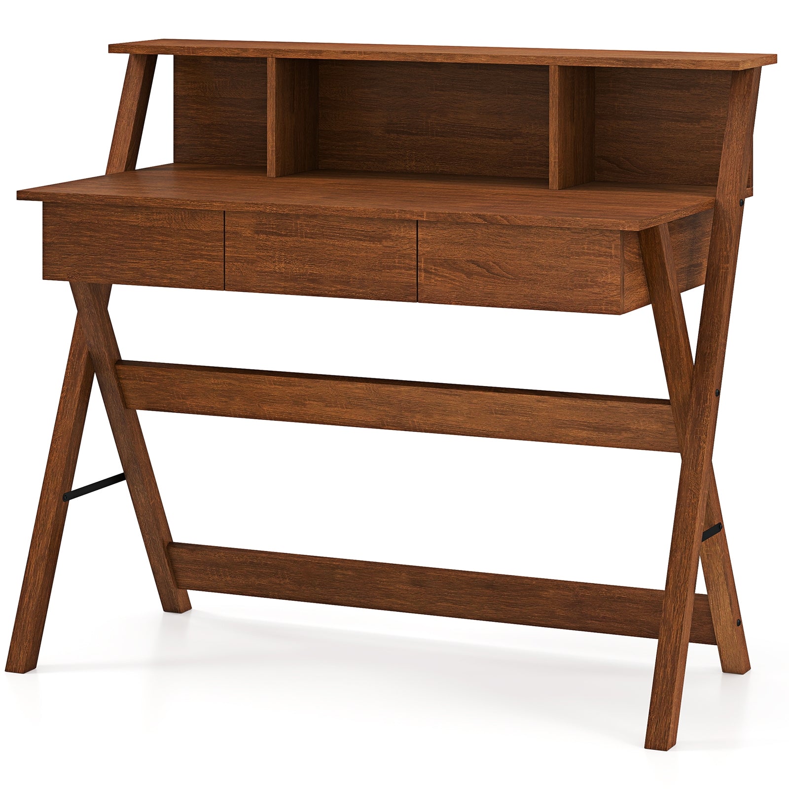 Mid Century Office Desk With 3 Drawers, Monitor Stand, Brown Computer Desks Brown at Gallery Canada