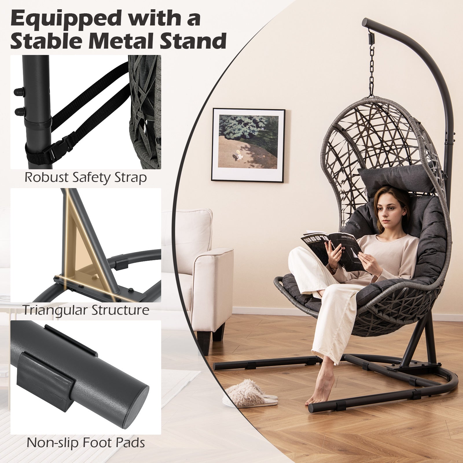 Egg Chair With Stand, PE Rattan Swing Hammock, Gray Hammocks at Gallery Canada