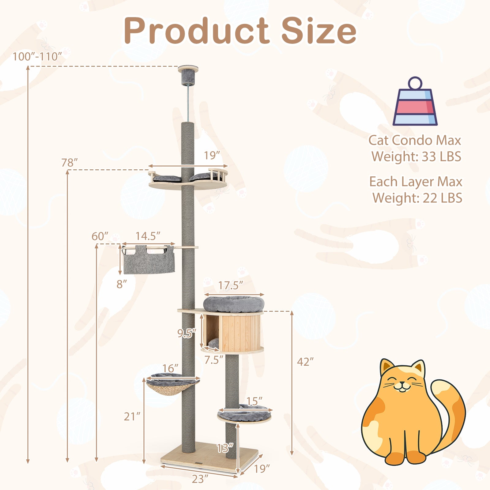 6-Tier Floor-To-Ceiling Cat Tree, 100-110 Inches Adjustable Height, Natural Cat Trees Condos & Scratchers at Gallery Canada
