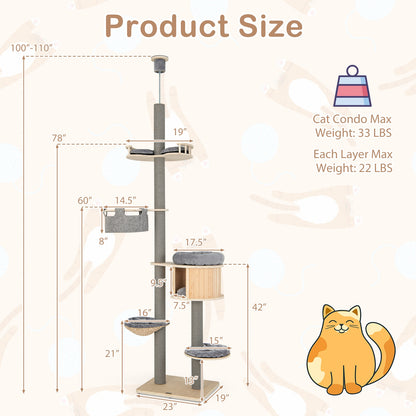 6-Tier Floor-To-Ceiling Cat Tree, 100-110 Inches Adjustable Height, Natural Cat Trees Condos & Scratchers at Gallery Canada