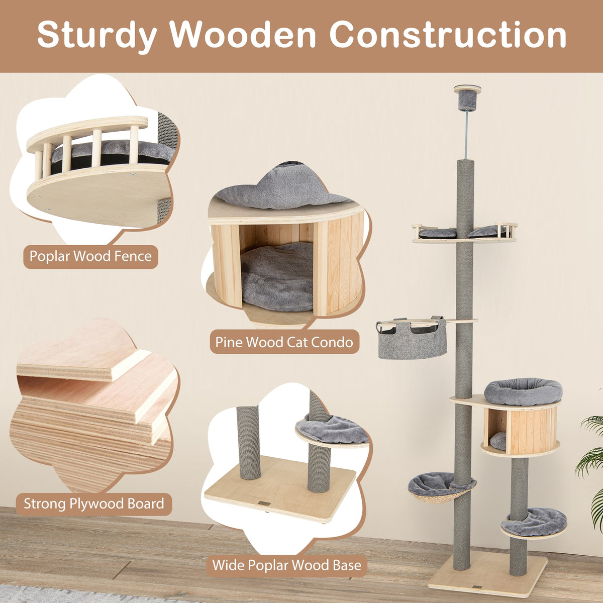 6-Tier Floor-To-Ceiling Cat Tree, 100-110 Inches Adjustable Height, Natural Cat Trees Condos & Scratchers at Gallery Canada