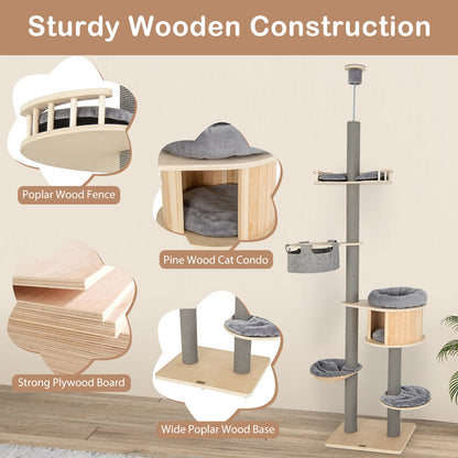 6-Tier Floor-To-Ceiling Cat Tree, 100-110 Inches Adjustable Height, Natural Cat Trees Condos & Scratchers at Gallery Canada