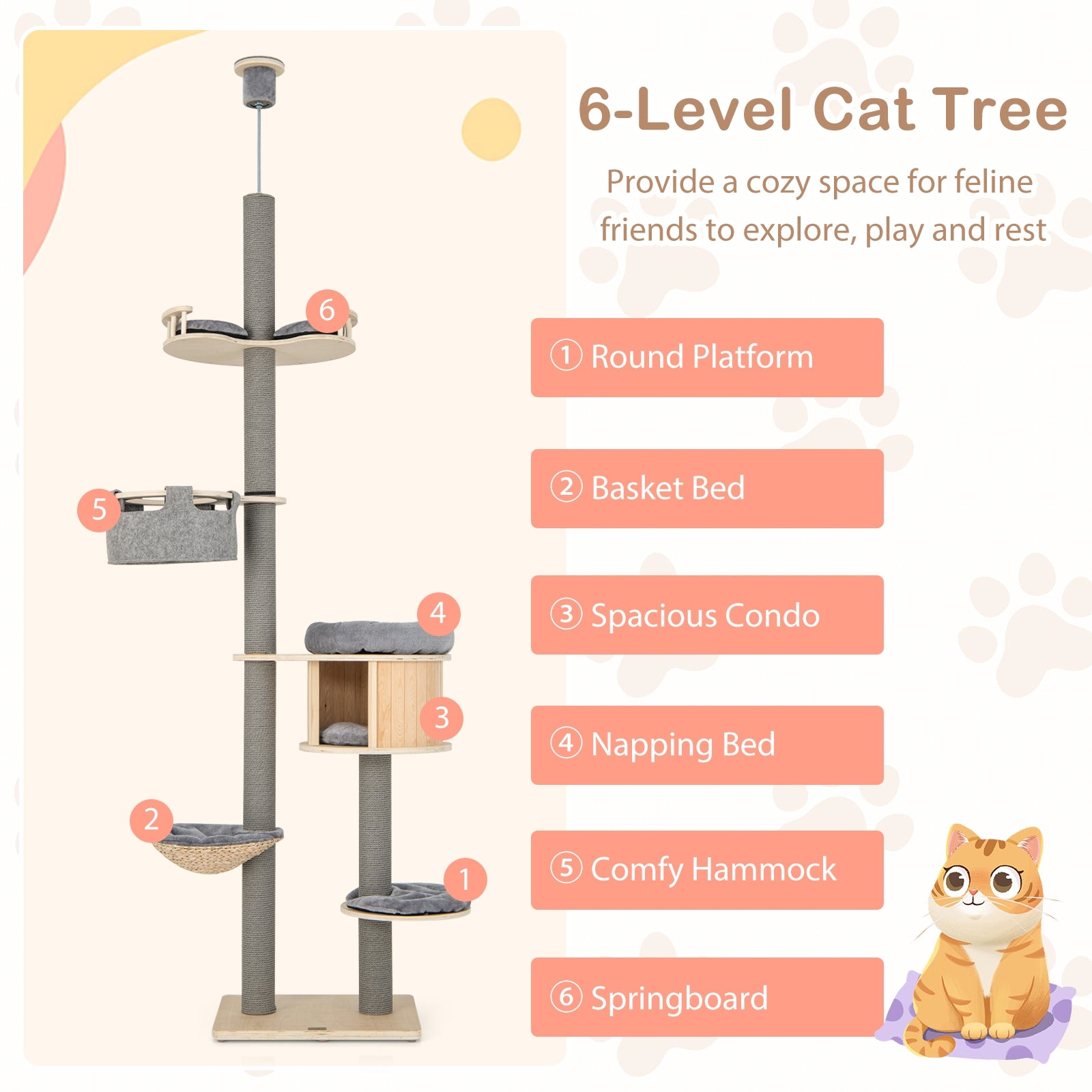 6-Tier Floor-To-Ceiling Cat Tree, 100-110 Inches Adjustable Height, Natural Cat Trees Condos & Scratchers at Gallery Canada