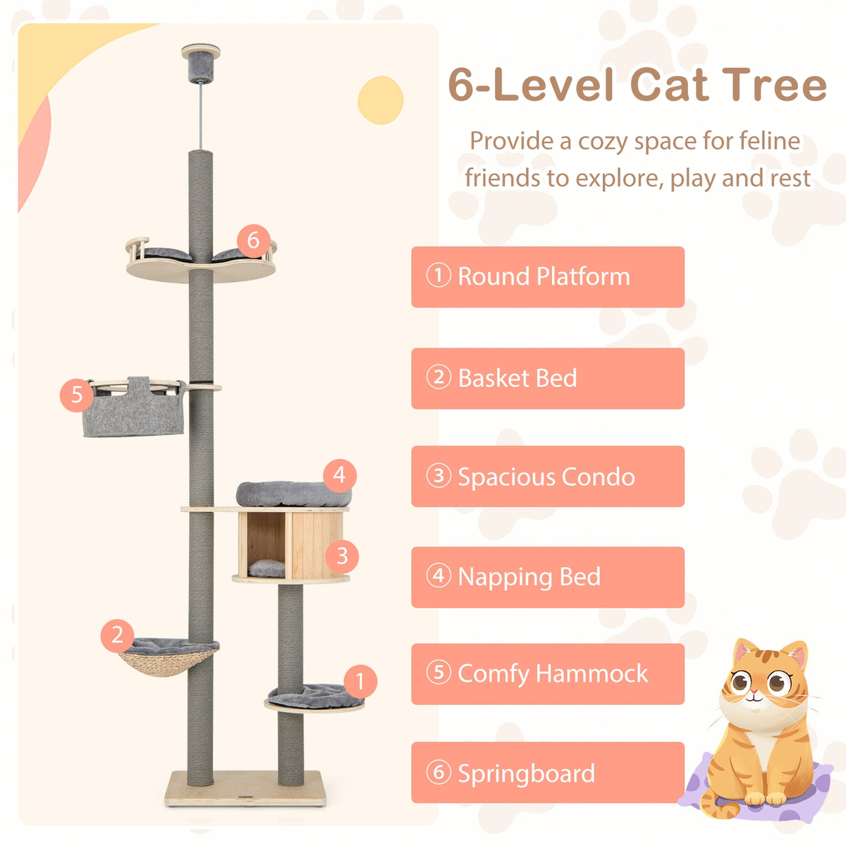 6-Tier Floor-To-Ceiling Cat Tree, 100-110 Inches Adjustable Height, Natural Cat Trees Condos & Scratchers at Gallery Canada