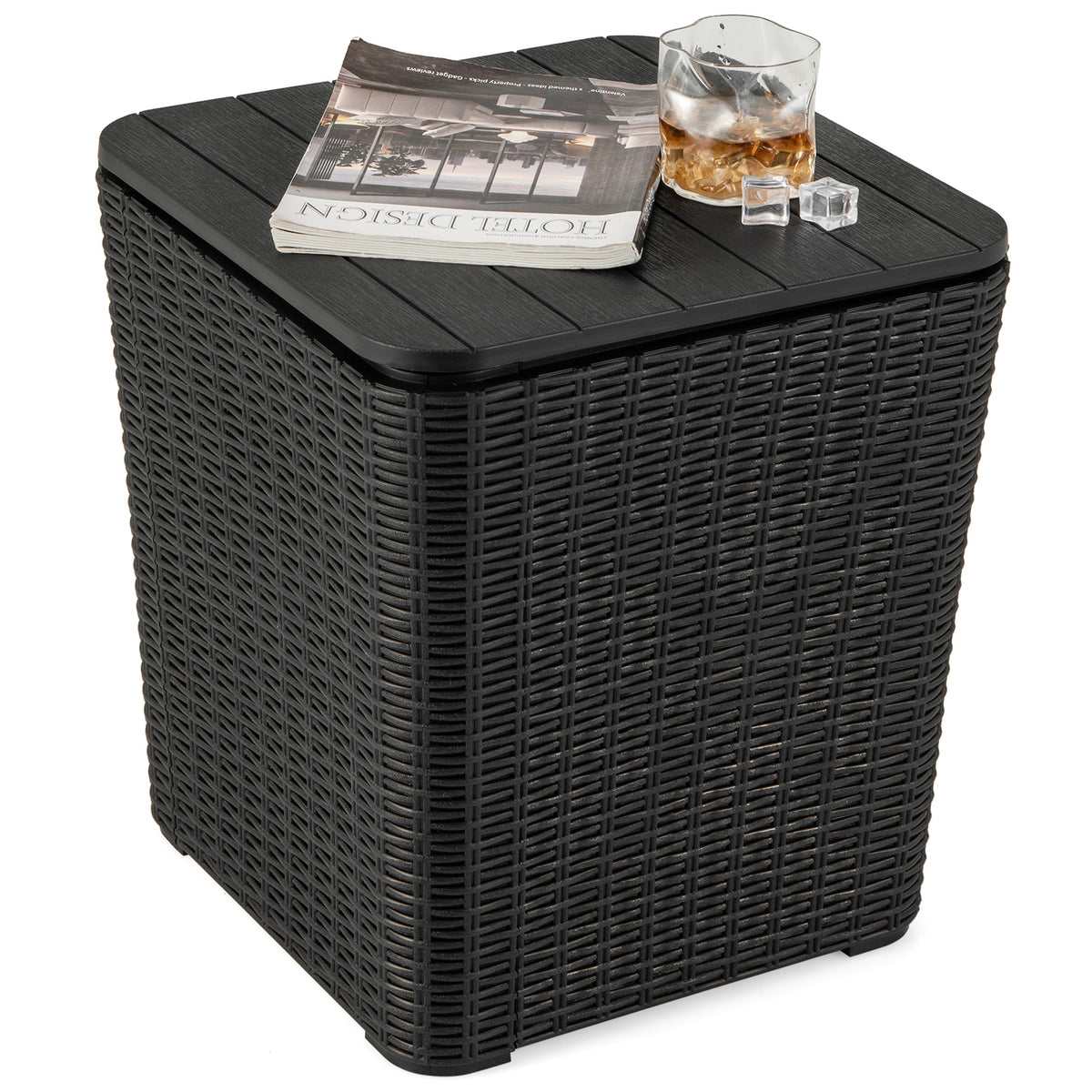 Outdoor Resin Storage Side Table, Removable Lid, Wicker Accent, Black Coffee Tables at Gallery Canada