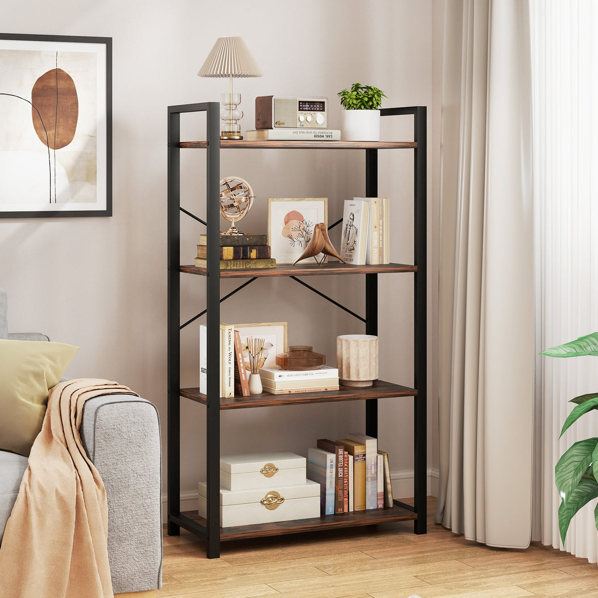 4-Tier Bookshelf, Heavy Duty Metal Frame, Industrial Display Shelf, Rustic Brown Bookcases at Gallery Canada