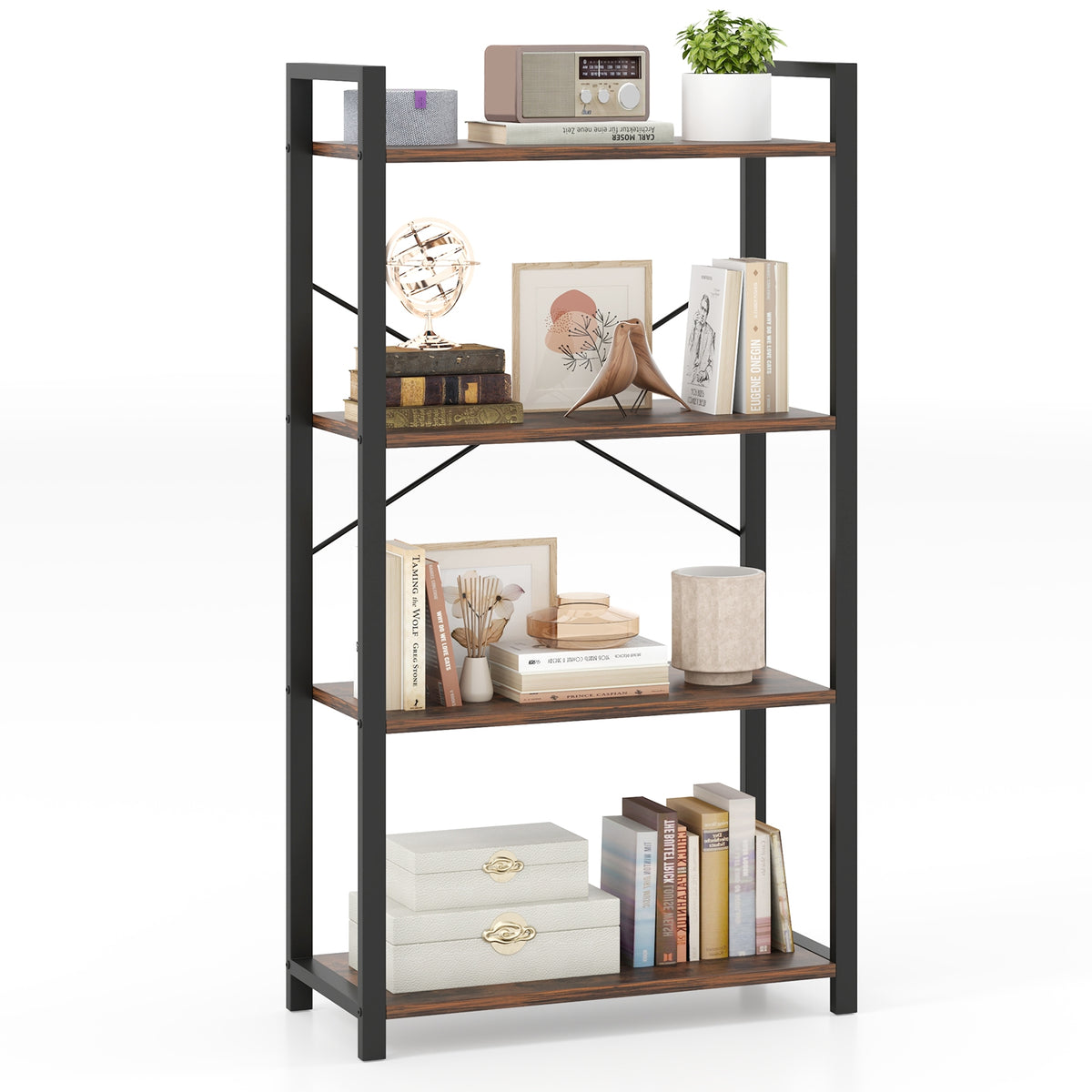 4-Tier Bookshelf, Heavy Duty Metal Frame, Industrial Display Shelf, Rustic Brown Bookcases at Gallery Canada