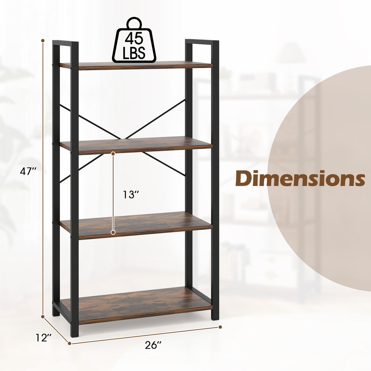 4-Tier Bookshelf, Heavy Duty Metal Frame, Industrial Display Shelf, Rustic Brown Bookcases at Gallery Canada